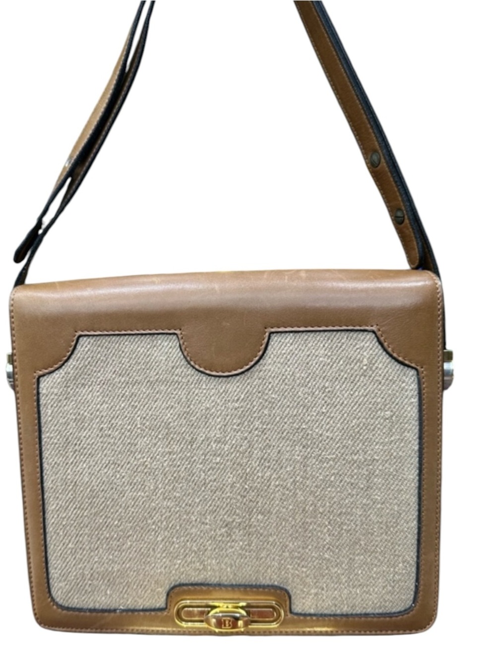 Vintage Bally International Italy Tan Leather & canvas Turn Lock Shoulder Bag - Picture 4 of 11